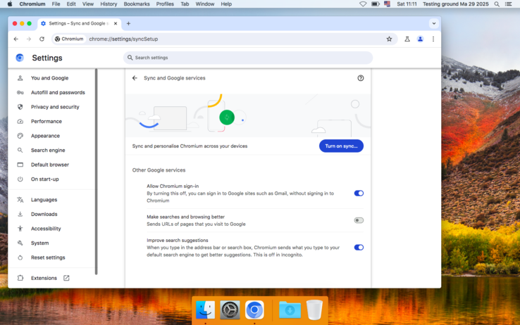 Chromium Legacy 127 na macOS 10.13 - zestaw ustawień wygląda dość standardowo (Źródło obrazu: Zrzut ekranu - Notebookcheck)