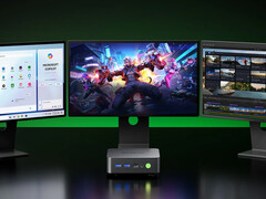 Cena mini PC NucBox K17 zaczyna się od 544,99 dolarów ze specjalnym kodem rabatowym. Na zdjęciu: mini PC podłączony do trzech wyświetlaczy.