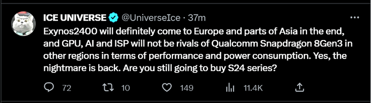 Usunięty tweet Ice Universe o Exynos 2400 (zdjęcie za pośrednictwem Twittera)