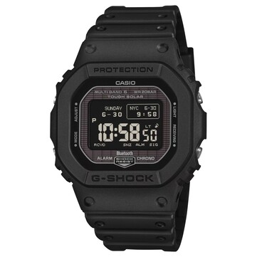 Cyfrowy zegarek Casio G-Shock GW-BX5600-1 z czarną obudową i paskiem z żywicy, wyposażony w wyświetlacz MIP z jasnymi znakami na ciemnym tle.