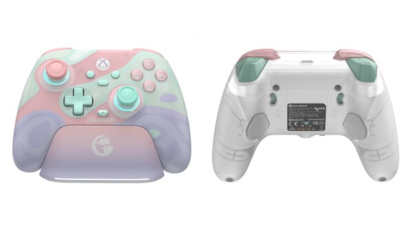 GameSir T7 Pro Sugar Whirl posiada stację dokującą do ładowania i dwa tylne przyciski.