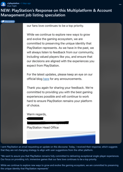 Odpowiedź PlayStation na skargę dotyczącą gier wieloplatformowych na PS5 (źródło obrazu: zrzut ekranu, subreddit PlayStation)