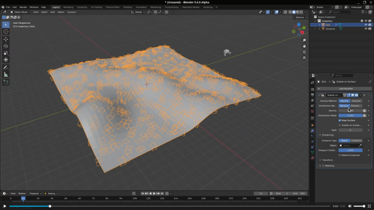 Blender 5.0 rozpraszanie na modyfikatorze powierzchni. (Źródło obrazu: Blender)