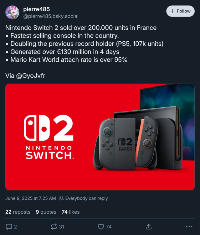 Sprzedaż konsoli Switch 2 we Francji (źródło obrazu: zrzut ekranu, konto pierre485 Bluesky)