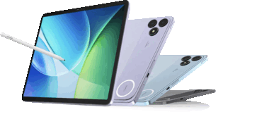Tablet Blackview Zeno 6 z rysikiem, pokazany obok fioletowego, niebieskiego i szarego panelu tylnego.