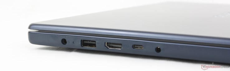 Po lewej: zasilacz sieciowy, USB-A (5 Gb/s), HDMI 1.4, USB-C (5 Gb/s) z funkcją Power Delivery 3.0 + DisplayPort 1.2, zestaw słuchawkowy 3,5 mm