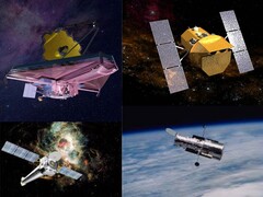 Na zdjęciu teleskopy kosmiczne JWST, Hubble, Chandra i Swift (źródło zdjęcia: NASA; edytowane)