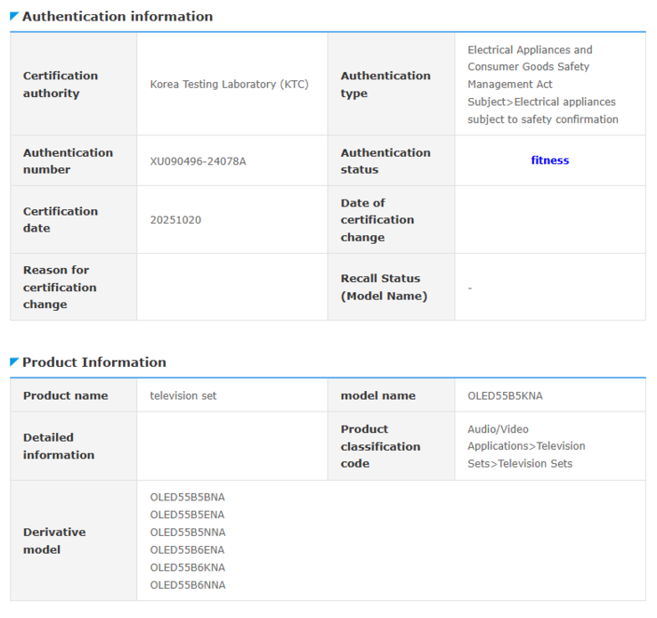 Zrzut ekranu z ostatniego wpisu w bazie danych Safety Korea z numerami modeli telewizorów LG B5 i B6. (Źródło obrazu: LG)