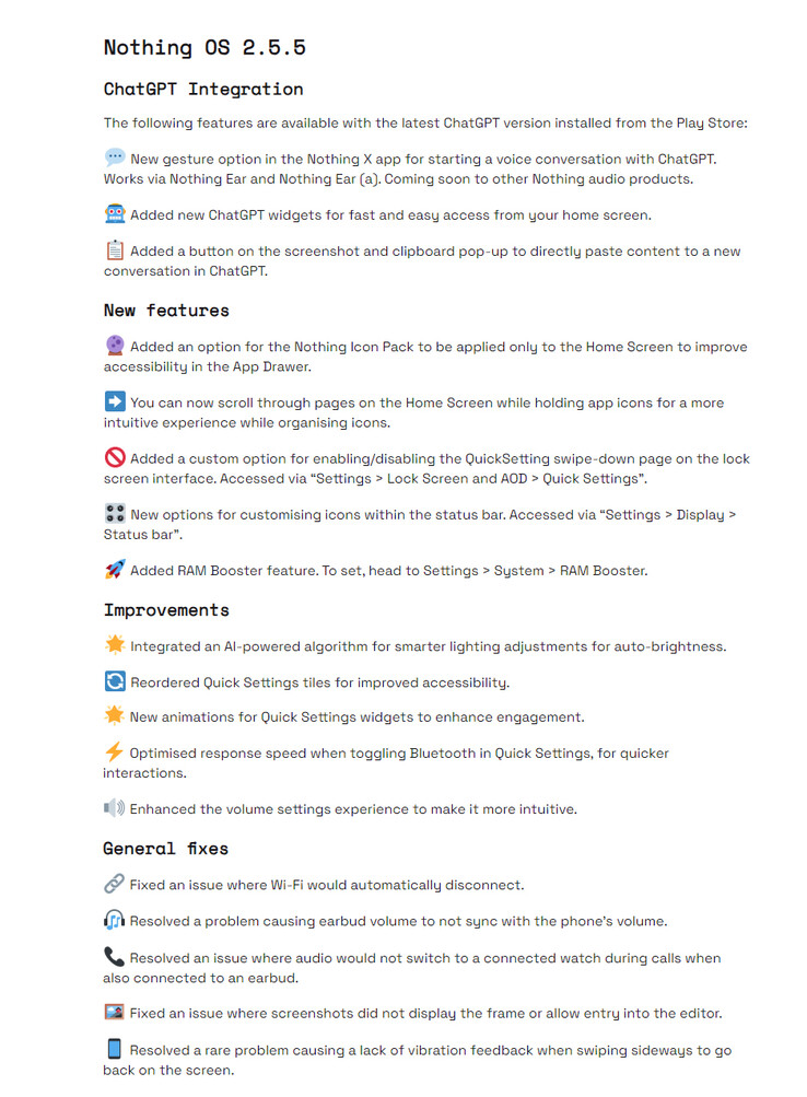Dziennik zmian Nothing OS 2.5.5 dla Nothing Phone 1 (źródło obrazu: Nothing)