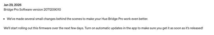 Informacje o wydaniu oprogramowania Philips Hue Bridge Pro w wersji 2071209010 (identyczne z aktualizacją Hue Bridge v2). (Źródło obrazu: Zrzut ekranu ze strony wsparcia Philips Hue)