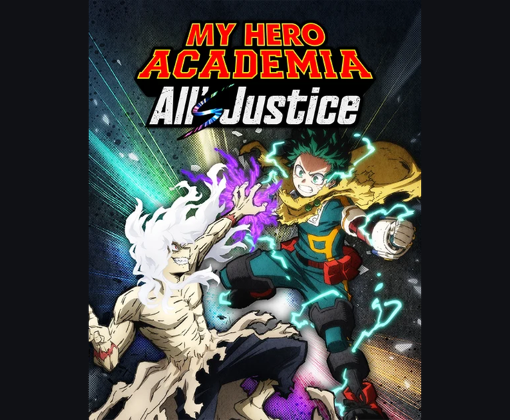 Kluczowa grafika dla My Hero Academia: All's Justice przedstawiająca Izuku Midoriyę walczącego z Tomurą Shigarakim z efektami energetycznymi. (Źródło: Bandai Namco)
