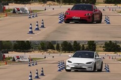 Porsche Taycan GTS wygląda znacznie lepiej niż Tesla Model S Plaid, mimo że technicznie przegrał test łosia. (Źródło obrazu: km77 na YouTube)