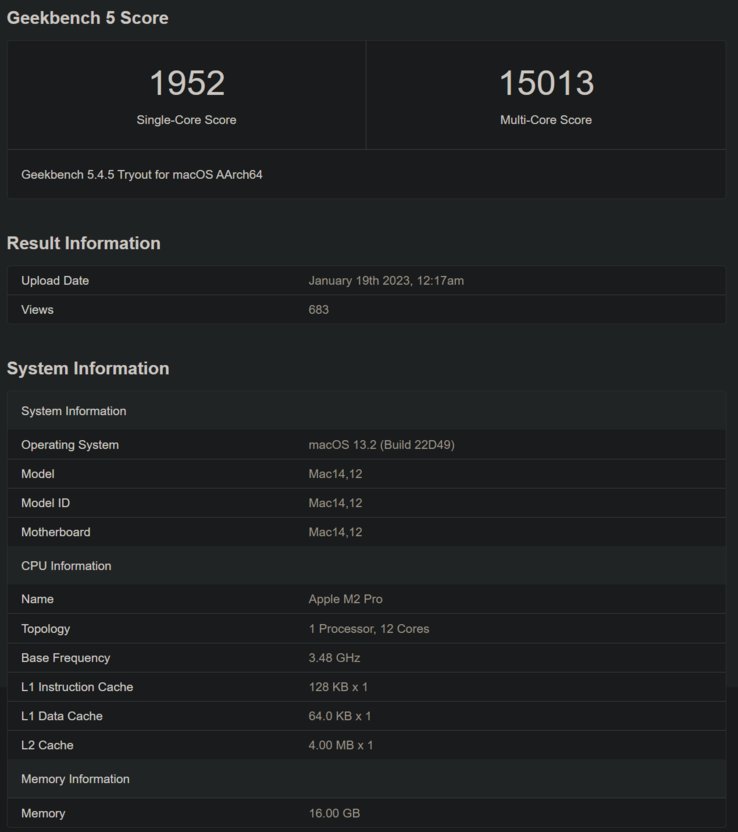 Apple M2 Pro w zestawieniu Geekbench (image via Geekbench)