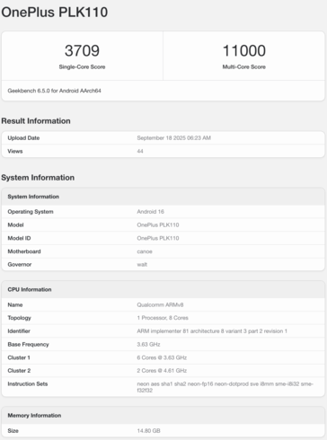 OnePlus 15 ze Snapdragonem 8 Elite Gen 5 pojawia się w Geekbench. (Źródło obrazu: Geekbench)