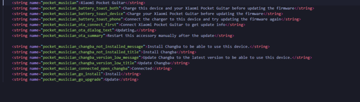 Ciągi znaków wskazujące, że aplikacja Xiaomi Pocket Guitar wymaga sparowania z aplikacją Changba, aby działać
