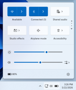 Nowa kafelka „Współdzielony dźwięk” w panelu Szybkich ustawień systemu Windows 11.