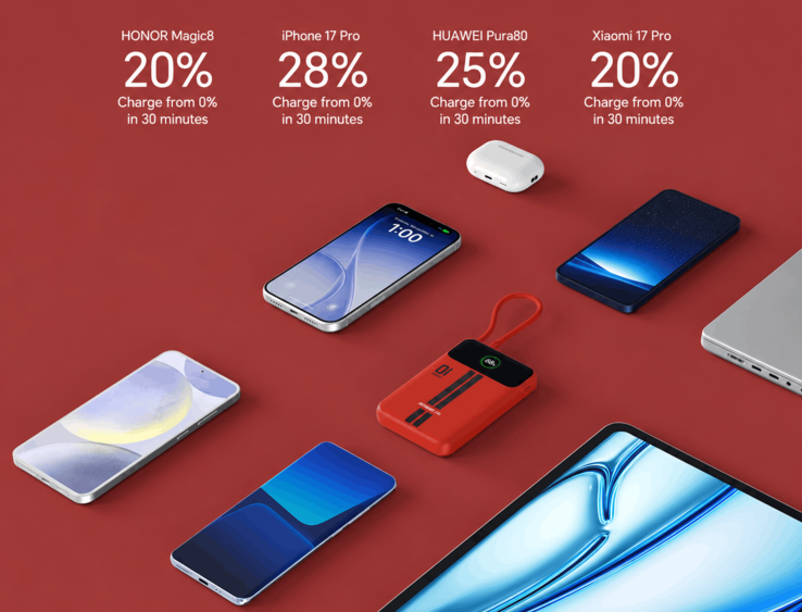Powerbank Honor Life pokazany obok smartfonów, bezprzewodowych słuchawek dousznych i laptopa