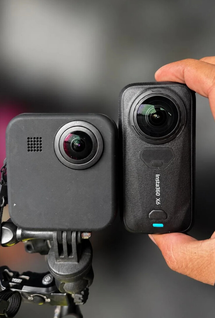 Kamera Insta360 X6 obok kamery sportowej GoPro Max 360.