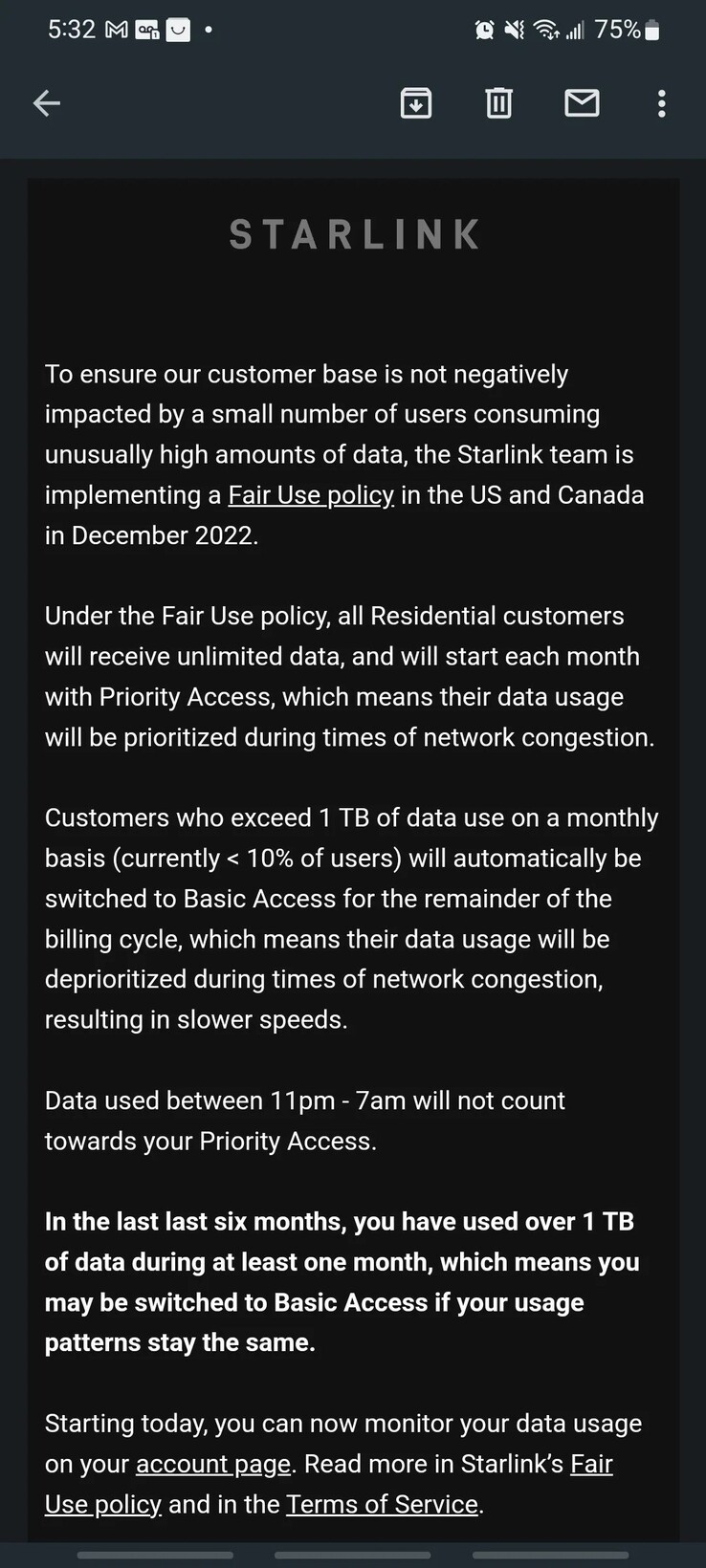Komunikat o ograniczeniu danych, który SpaceX wysyła do użytkowników Starlink od piątku