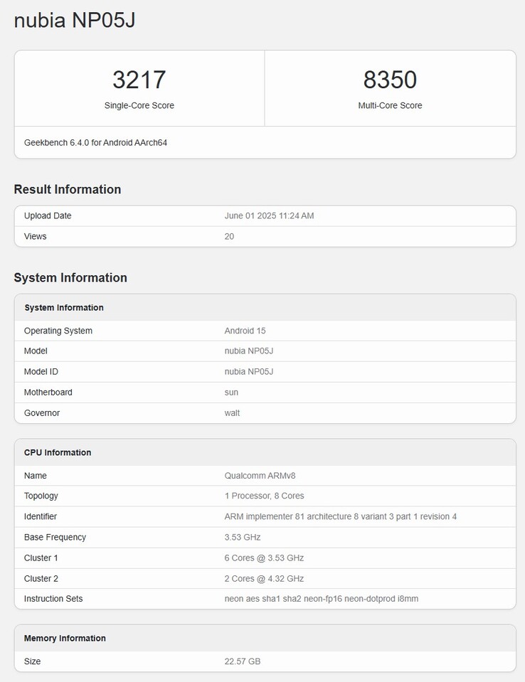 Rzekome zestawienie Geekbench tabletu do gier Snapdragon 8 Elite RedMagic (źródło obrazu: Geekbench)