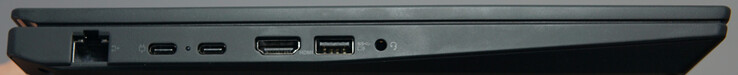 Złącza po lewej: 1 Gigabit LAN, USB4 (40 Gbit/s, DP), USB-C (10 Gbit/s), HDMI, USB-A (5 Gbit/s), zestaw słuchawkowy
