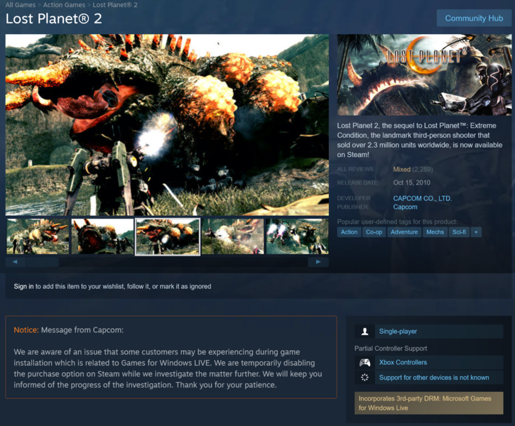 Strona Steam Lost Planet 2 z aktualizacją Capcom dotyczącą trybu wieloosobowego (źródło obrazu: Steam)
