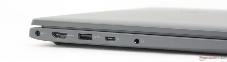 Po lewej: Własny zasilacz sieciowy, HDMI 1.4, USB-A 3.2 Gen. 1, USB-C 3.2 Gen. 2 z DisplayPort 1.4 + Power Delivery, zestaw słuchawkowy 3,5 mm