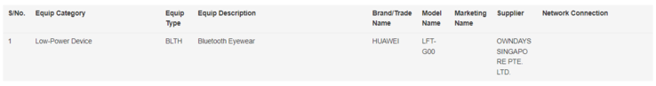 Lista na IMDA Singapore, która może dotyczyć inteligentnych okularów Huawei Eyewear 2. (Źródło zdjęcia: IMDA)
