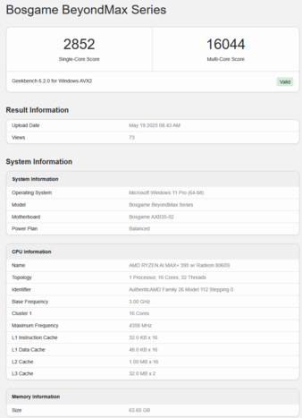 Bosgame M5 AI Mini Desktop w Geekbench (źródło obrazu: Geekbench)