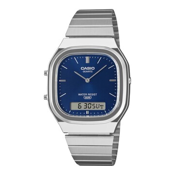 Retro zegarek analogowo-cyfrowy Casio AQ-240E-2A2 z niebieską tarczą o wykończeniu typu „sunburst”, srebrną kopertą oraz bransoletą ze stali nierdzewnej.