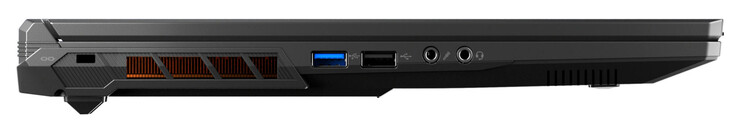 Lewa strona: gniazdo na blokadę kabla, USB 3.2 Gen 1 (USB-A), USB 2.0 (USB-A), wejście mikrofonowe, combo audio