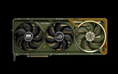 ROG Astral GeForce RTX 5080 jest dostępny w kolorze zielonym i złotym, podobnie jak strój Doom Slayera. (Źródło zdjęcia: Asus/Bethesda