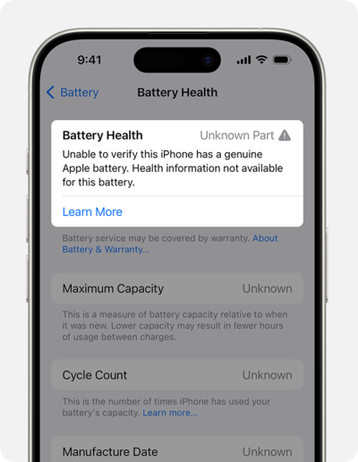 Ostrzeżenie o nieoryginalnej części jest doskonałym przykładem wymuszania na konsumentach okupu za coś, co powinno być łatwe do wymiany (Źródło: Apple Support)