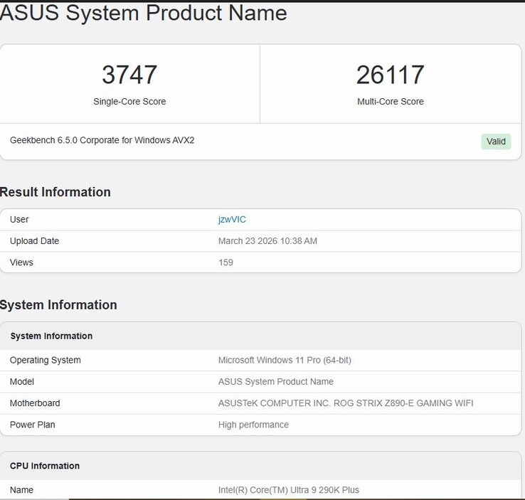 Wydajność Core Ultra 9 290K Plus Geekbench 6.5.