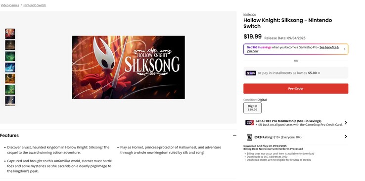 Hollow Knight: Silksong GameStop Switch w przedsprzedaży (źródło obrazu: zrzut ekranu, GameStop)
