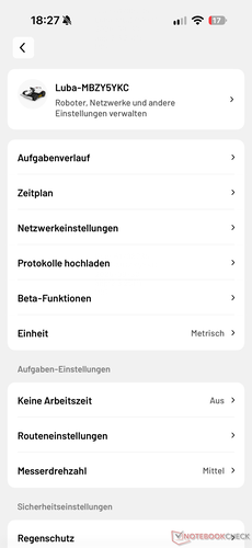Menu z dodatkowymi ustawieniami
