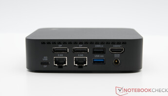 Tył: USB TypeC 40Gbps z DisplayPort, 2x LAN 2.5G, 2x DisplayPort, USB 2.0, USB TypeA 10Gbps, HDMI, wejście DC