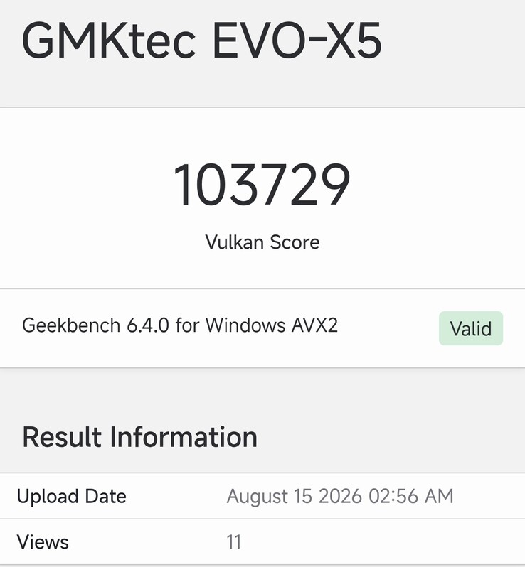 Wpis dotyczący GMKtec EVO-X5 w serwisie Geekbench