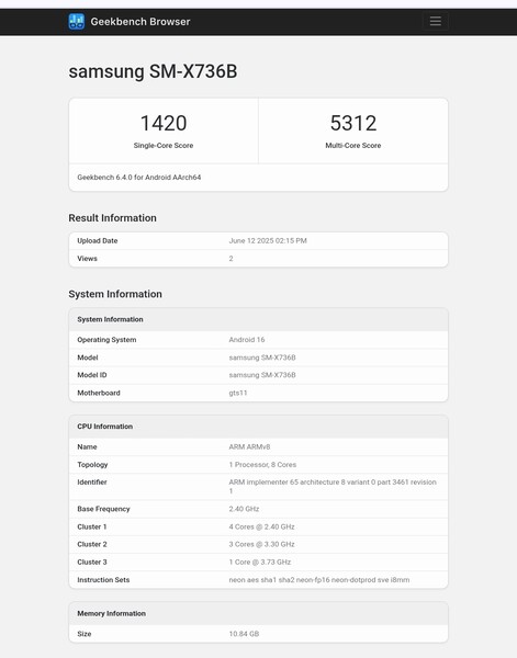 Galaxy Tab S11 Geekbench listing (źródło obrazu: Abhishek Yadav na X)