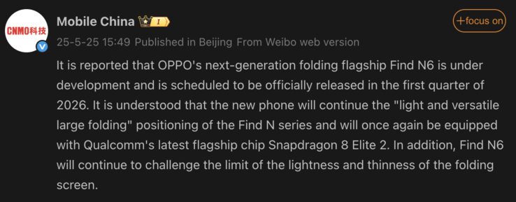 Wyciekły informacje na temat Oppo Find N6. (Źródło obrazu: Weibo - tłumaczenie maszynowe)