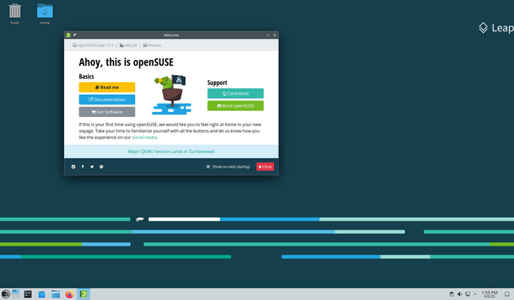 Zrzut ekranu świeżo skonfigurowanej instalacji Leap 15.5 z pulpitem KDE (Zdjęcie: openSUSE).