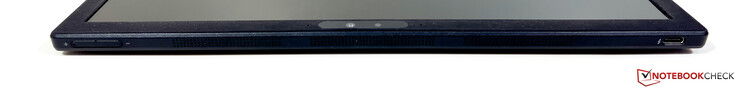Po lewej: głośność, USB-C 4.0 w/ Thunderbolt 4 (40 Gb/s, DisplayPort ALT mode 1.4, Power Delivery)
