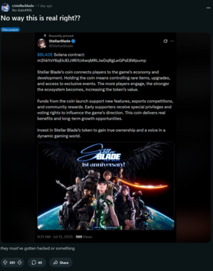 Zhakowane konto Stellar Blade X z wpisem o oszustwie kryptowalutowym (źródło obrazu: zrzut ekranu, subreddit Stellar Blade)