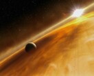 Ilustracja artystyczna przedstawiająca gwiazdę i planetę.