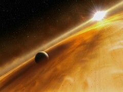 Ilustracja artystyczna przedstawiająca gwiazdę i planetę.