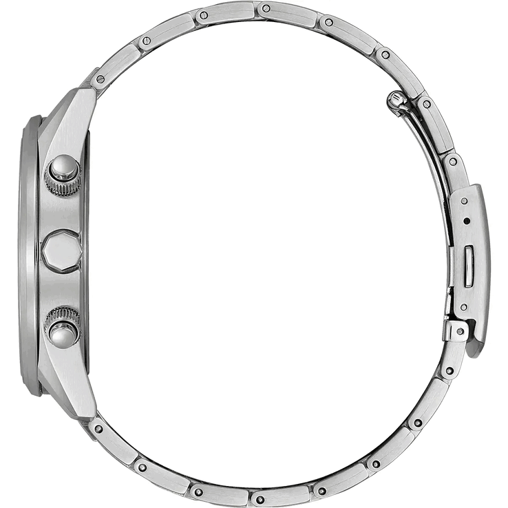 Widok z boku modelu Citizen World Chronograph A.T. AT8260-85X przedstawiający kopertę ze stali nierdzewnej, koronkę, dwa przyciski chronografu oraz bransoletę.