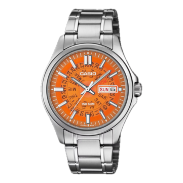 Model MTP-E740-4AV firmy Casio w kolorze pomarańczowym posiada półprzezroczystą tarczę inspirowaną zegarkami Seiko z serii Time Sonar z lat 70.