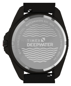 Zbliżenie na dekiel zegarka Timex Deepwater Arctic 200, na którym widnieją logo Deepwater i motyw fal.