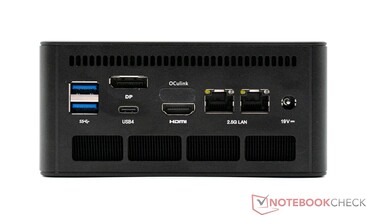 Tył:2x USB 3.2 Gen 2, DisplayPort 1.4, USB 4 (40 Gbps), OCuLink (64 Gbps), HDMI 2.1, 2x RJ45 2.5G, złącze zasilania (19V, 6.32A)