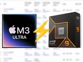 Applem3 Ultra pojawia się w Cinebench 2024, prowadząc procesor Ryzen 9 9950X o około 25%. (Źródło obrazu: Apple, AMD, edytowane)